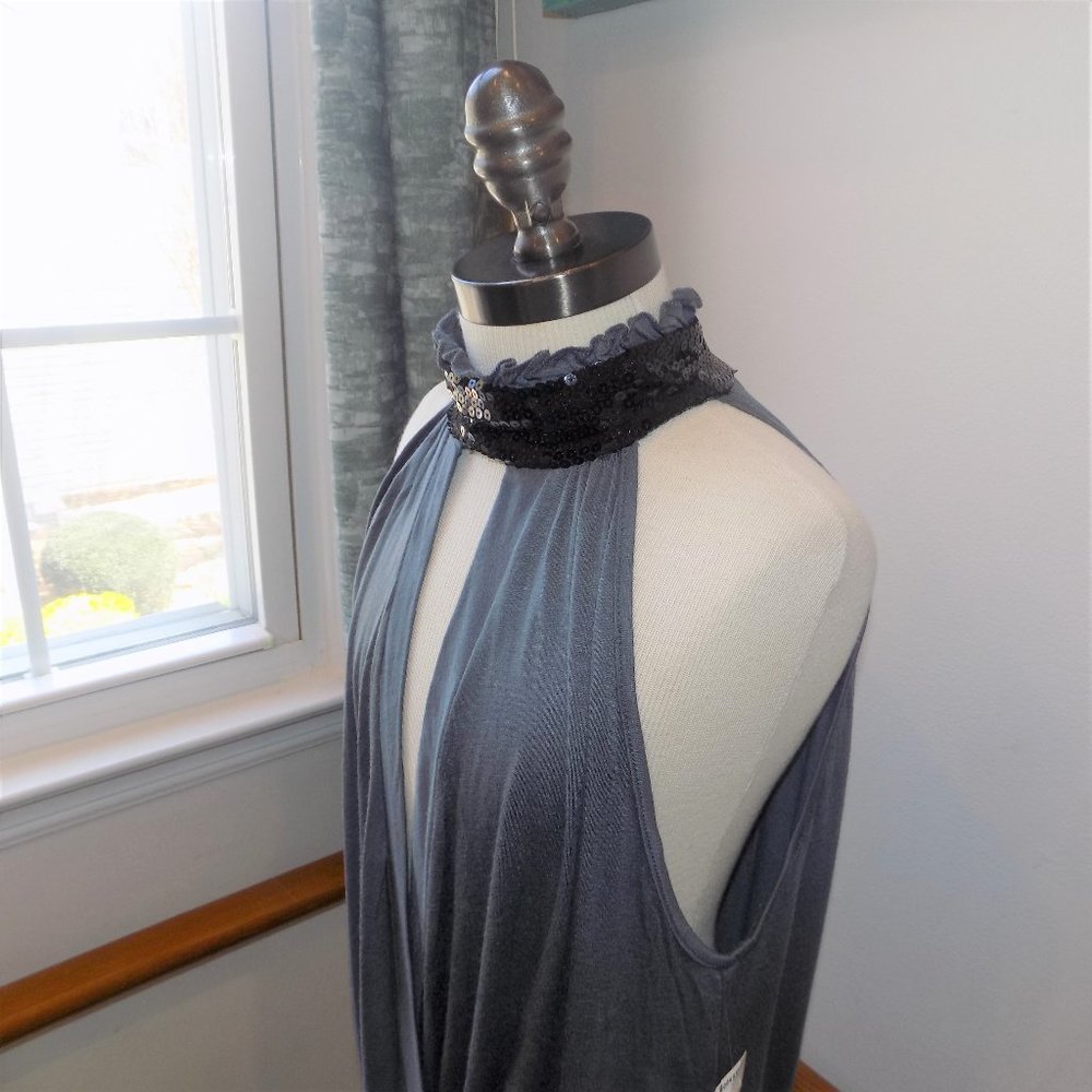 NWT MONACO Gray High Neck Black Sequins Criss Cross Top Size Large
